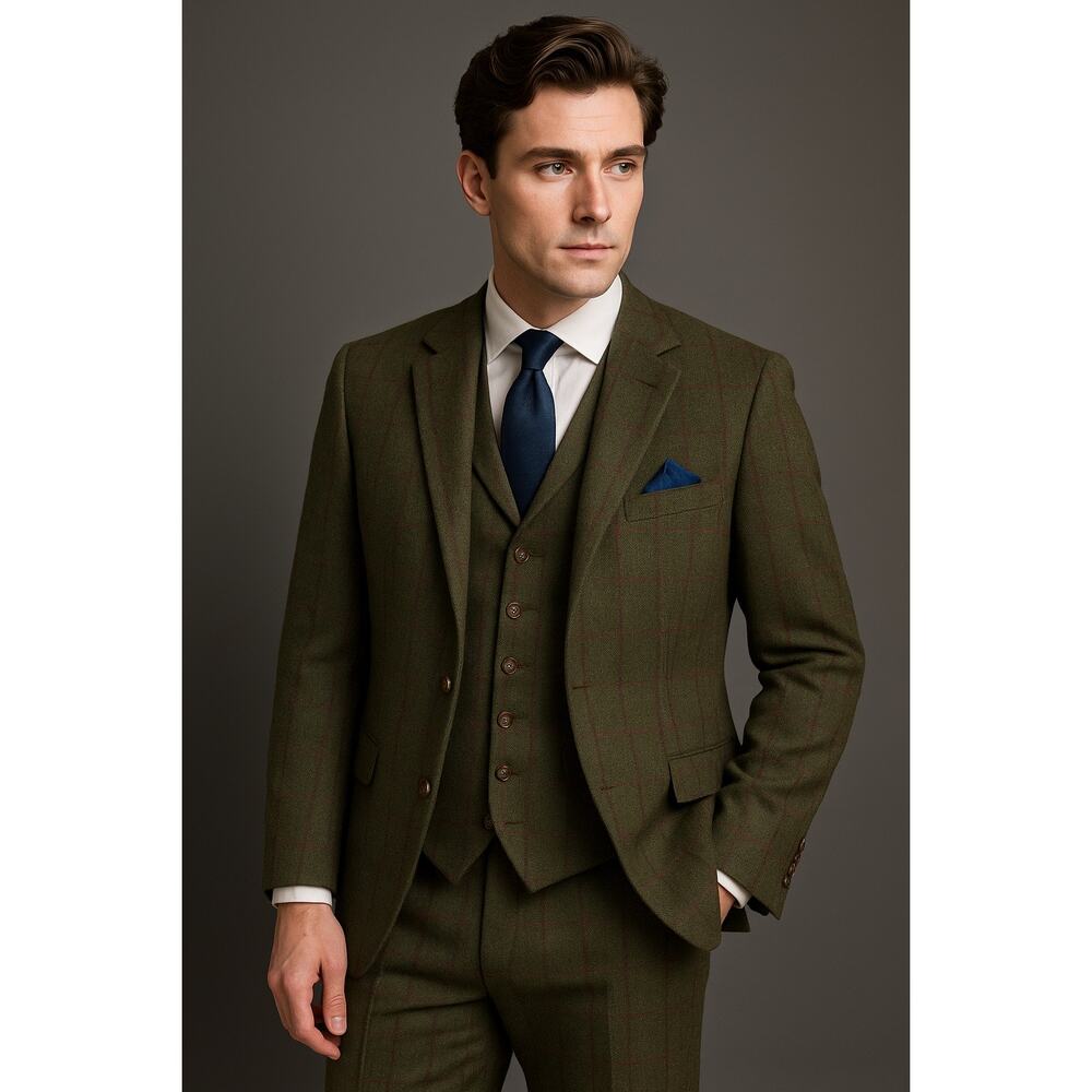 Samuel Windsor Suit Set Jacket Waistcoat Vest Wool Green Plaid 48R